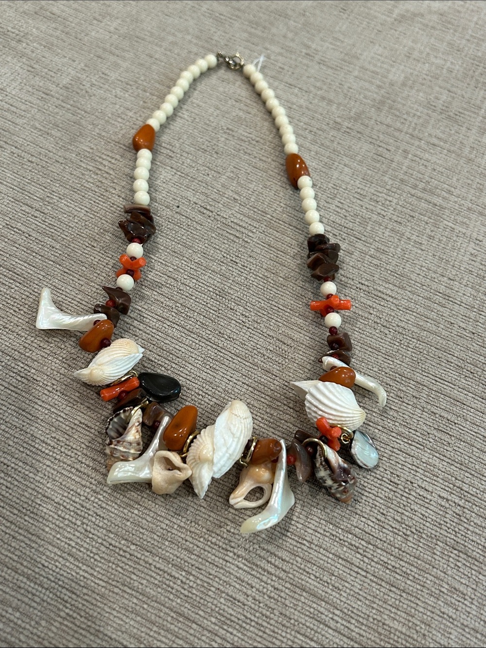 Shel, stone and Bead Statement Necklace - White, Brown, Orange